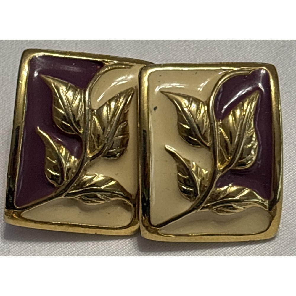 Vintage Gold Tone Enamel Leaf Clip On Earrings Purple Cream Retro